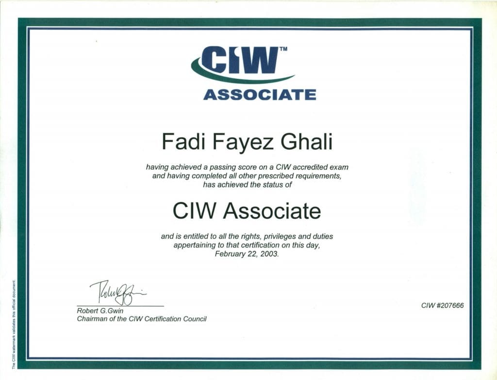 CIW certified Internet Webmaster: Associate Degree & Security Pro Degree · Egypt's Graduate Project · IBM · Professional Graduate Diploma in IT · San Diego, California
Joint scholarship between MCIT Ministry of Communications & IT of Egypt & IBM Egypt accredited by IBM, MCIT & CIW through PROSOFT USA