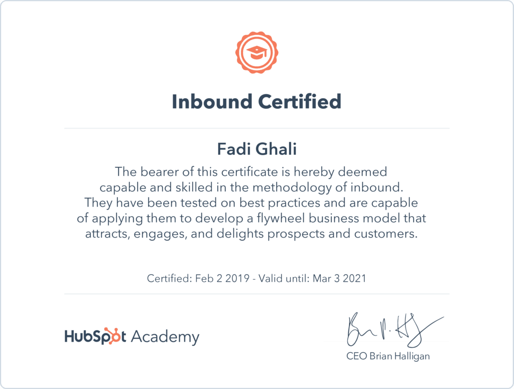 Inbound Methodology Certificate issued for Fadi Ghali from Hubspot Academy - Original Copies of Certificates