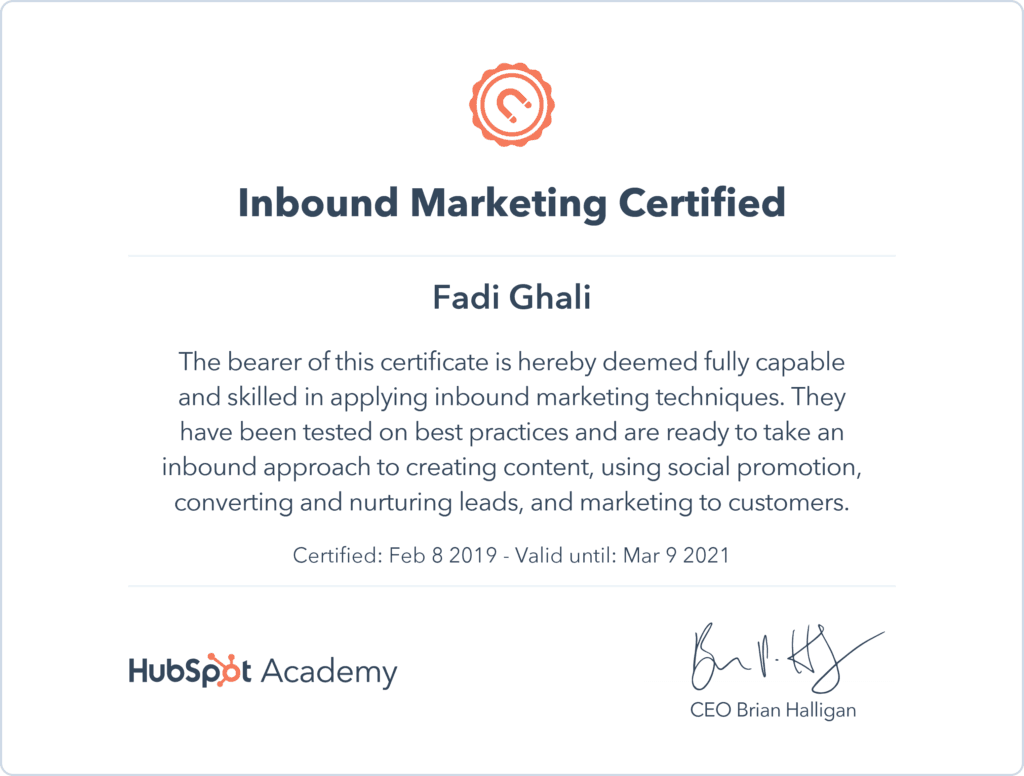 Inbound Marketing Certificate - Fadi Ghali - Original Copies of Certificates