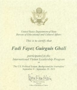 US Department of State Certificate of Completion of IVLP Program to Fadi Ghali TV Journalist Marketer Actor